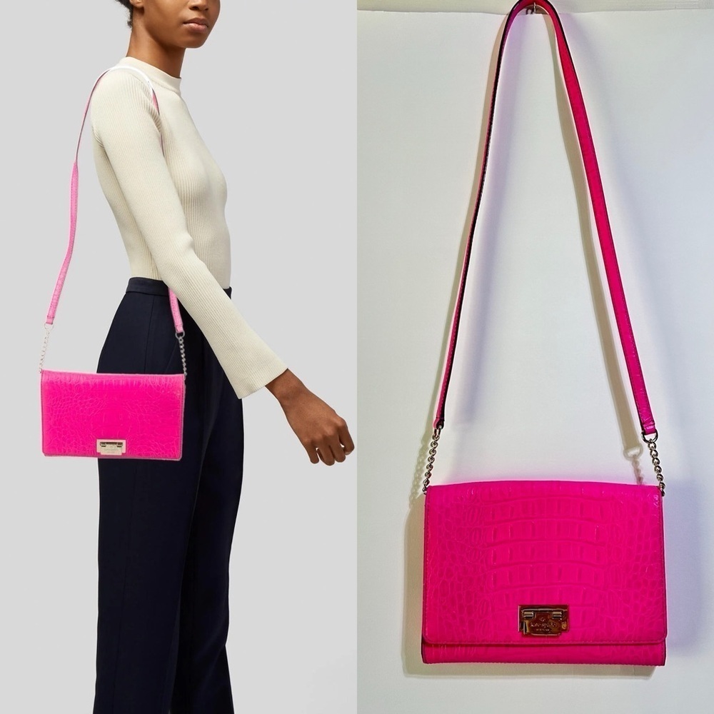 Kate Spade Fiona Orchard Valley neon pink croc embossed leather crossbody bag - Picture 3 of 14